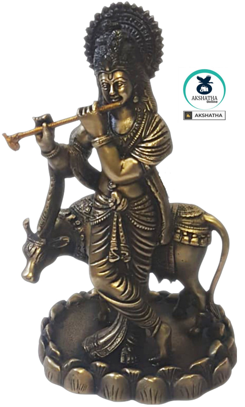 Brass Lord Krishna with Cow(Antique Look)