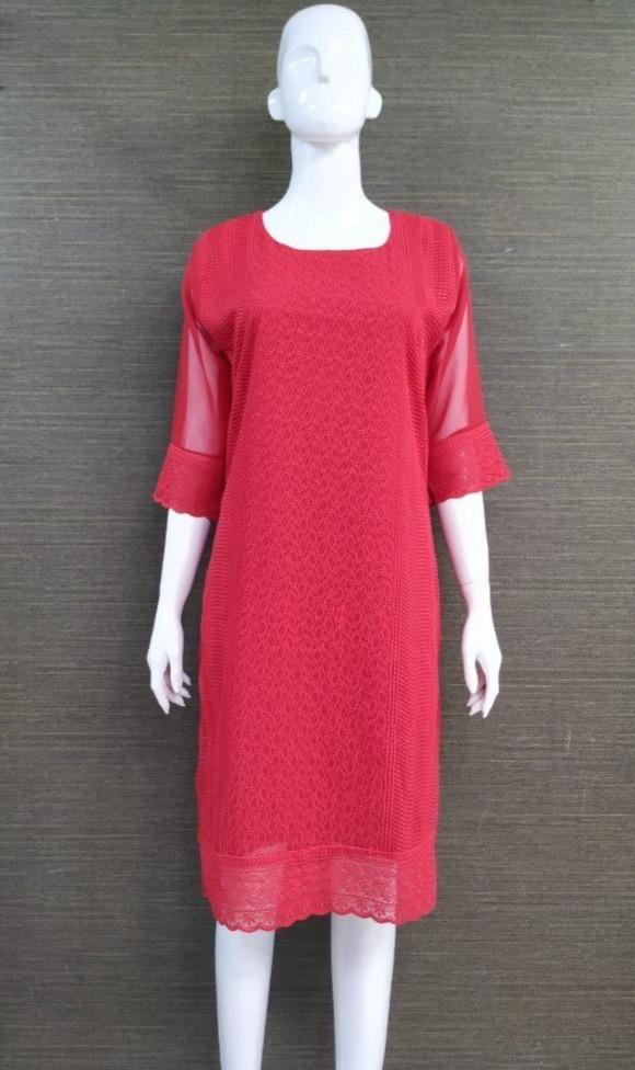 Lucknowi Chikan Work Georgette Fabric Kurti (Top Only) : Color -Red