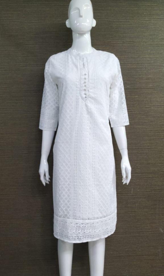 Lucknowi Chikan Work Georgette Fabric Kurti (Top Only) : Color -White
