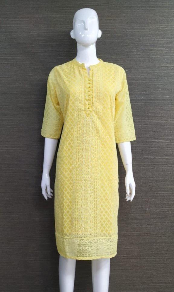 Lucknowi Chikan Work Georgette Fabric Kurti (Top Only) : Color -Yellow